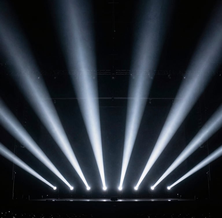 Wide dramatic angle of a massive stage lighting installation, sharp beams of white light cutting through dark atmosphere, deep black background, high contrast, 35mm
