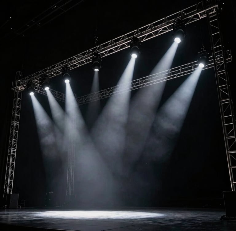 Wide dramatic angle of a massive unlit stage rig, clean architectural trusses, sharp beams of white test light cutting through haze, deep black background, high contrast, 35mm