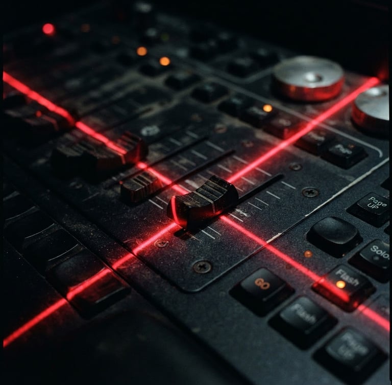 Extreme macro shot of a professional DMX control console, sharp theatrical red laser light cutting across matte black faders, high-contrast low-key lighting, 35mm