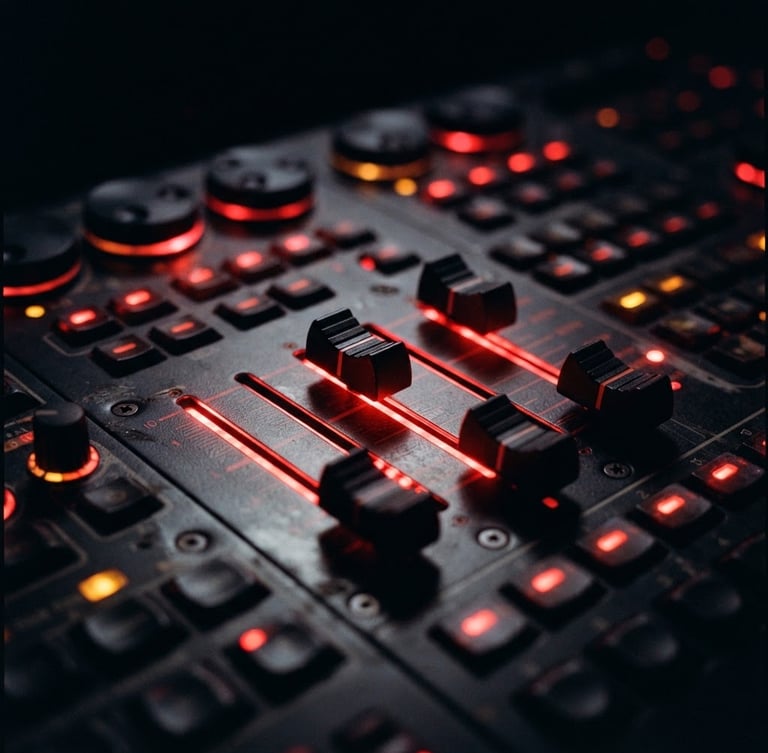 Extreme macro shot of a premium DMX control console, sharp laser-red backlighting on faders, high-contrast dark atmosphere, 35mm