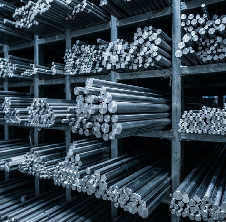 Macro shot of clean-cut stainless steel bars, cool metallic tones, sharp studio lighting, 50mm lens, high contrast, organized warehouse racks, no text