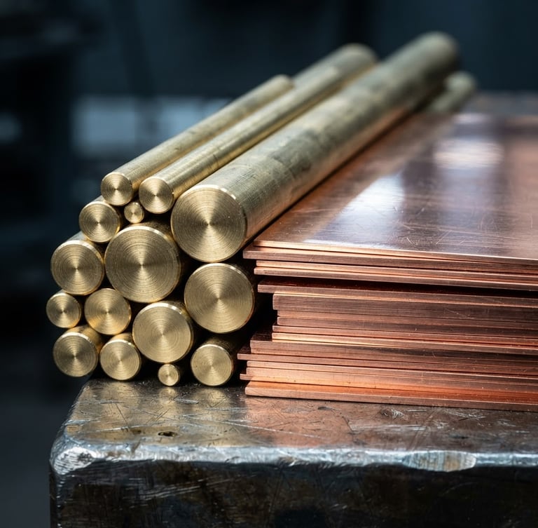 Macro close-up of clean-cut solid brass rods and polished copper sheets stacked on a steel workbench, sharp metallic reflections, cool industrial studio lighting, high contrast