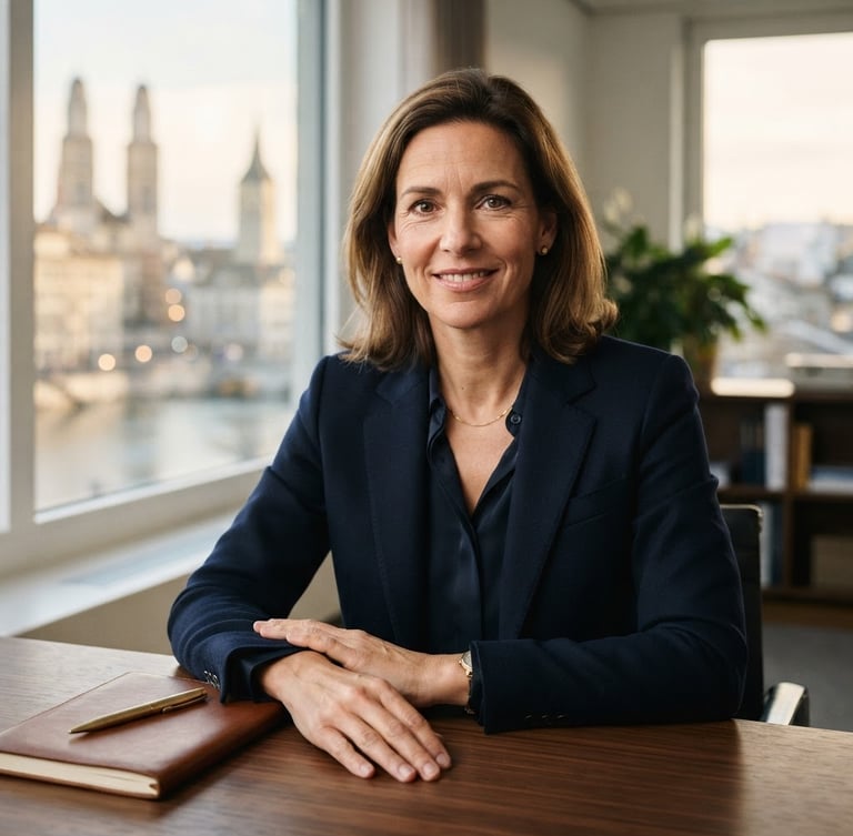 Medium-close portrait of Karin Rost in a sophisticated Zurich office, soft natural window light, dark navy tailoring, muted gold details, shallow depth of field, 85mm.