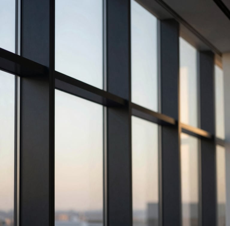 Abstract architectural details of a high-end minimalist office, clean lines, soft natural window light, deep navy shadows, premium paper textures.