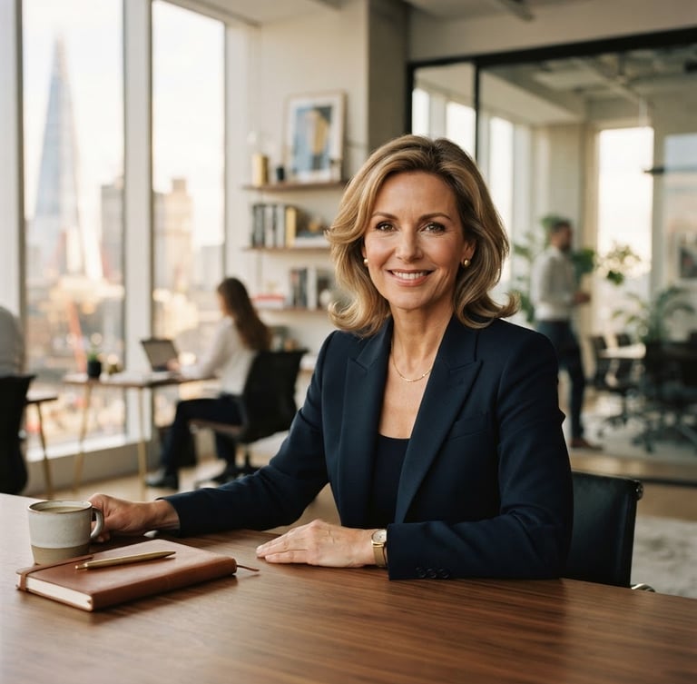 A professional, sophisticated portrait of Karin Rost in a modern, light-filled architectural office, soft natural window light, deep navy and muted gold tones, shallow depth of field, 85mm