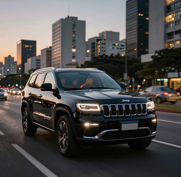 Cinematic wide shot of a polished black Jeep Commander driving through Avenida Faria Lima in São Paulo at twilight, dramatic low-key lighting highlighting metallic curves, warm inviting cabin light visible, background city lights softly blurred.