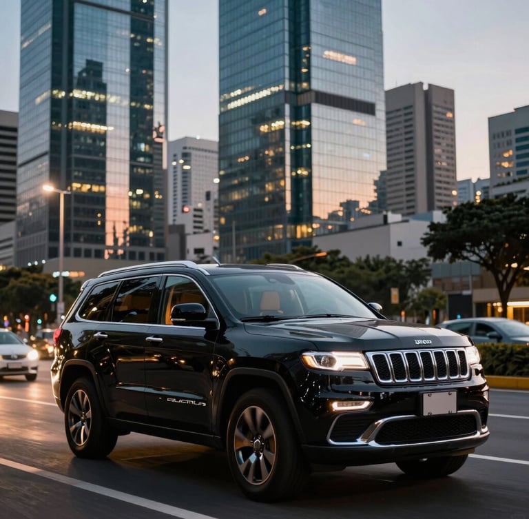 Cinematic wide shot of a black Jeep Commander navigating Avenida Faria Lima at twilight, polished metallic curves reflecting corporate glass towers, warm interior light visible.