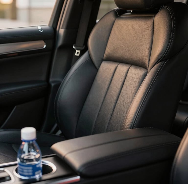 Macro detail of a pristine black leather seat inside a luxury SUV, corporate amenities like premium bottled water in the console, soft ambient golden lighting.