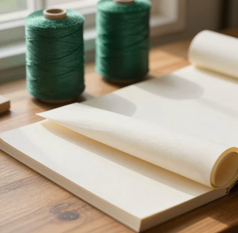 Close-up of raw bookbinding materials on a wooden table, heavy cream paper stock, rolls of forest green linen thread, warm window light casting gentle shadows