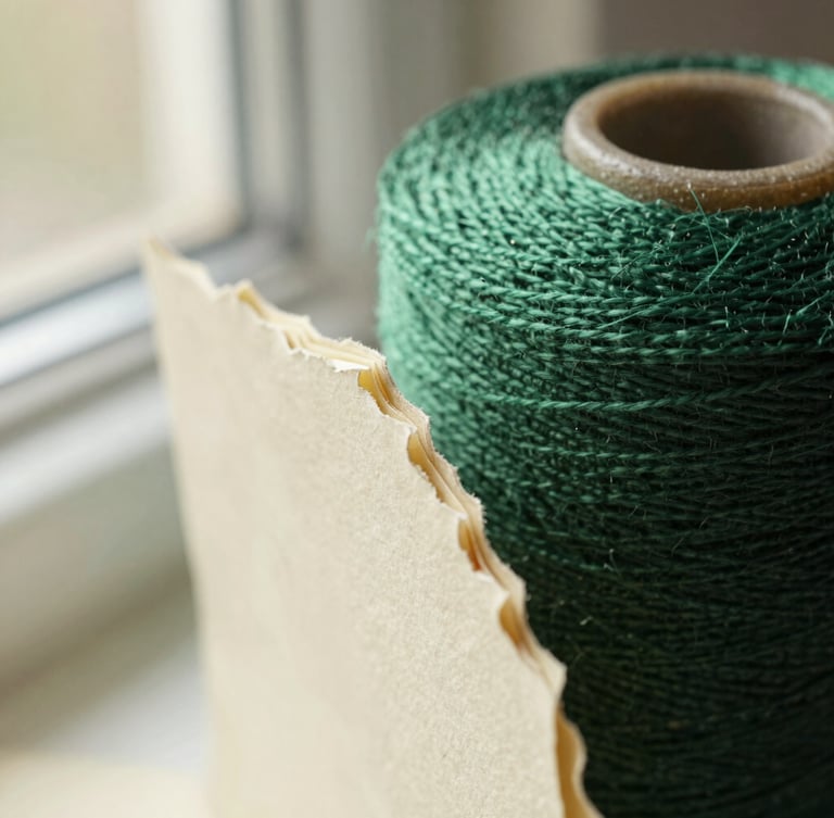 Macro close-up of raw linen bookbinding thread and heavy cream-colored paper stock with deckled edges, warm soft window light, rich tactile textures.