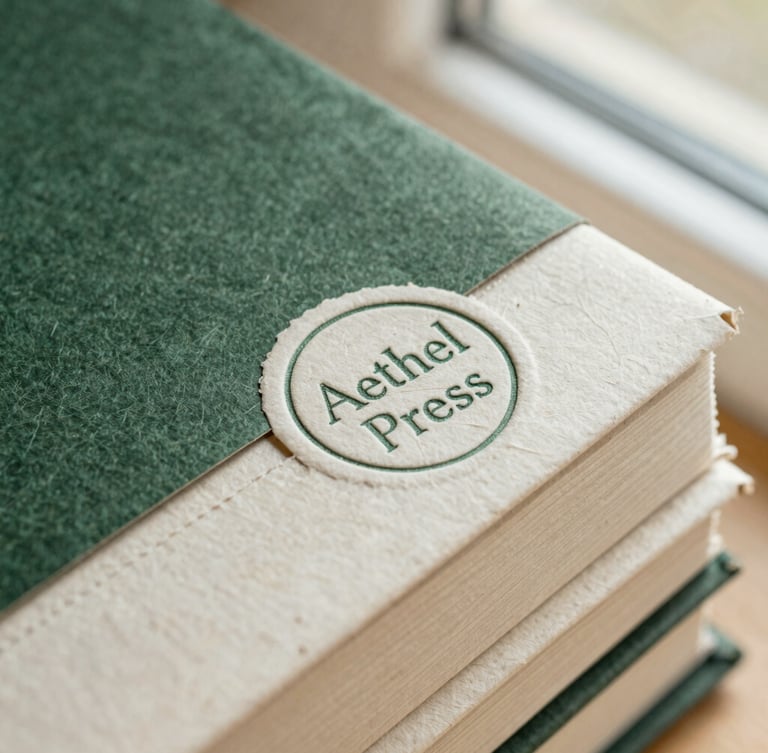 Close-up macro shot of secure plastic-free book packaging, thick recycled paper wraps, and a hand-stamped Aethel Press seal under warm natural side-lighting.