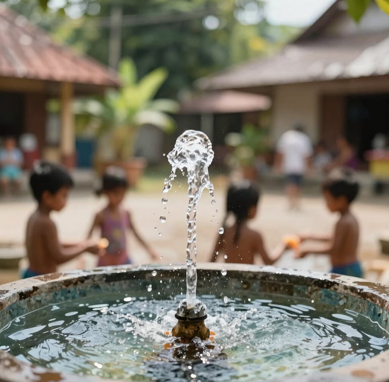 Close-up of a clean water fountain in a sunny Indonesian village square, water splashing in high-key natural light, children playing in the soft-focus background, vibrant green foliage.