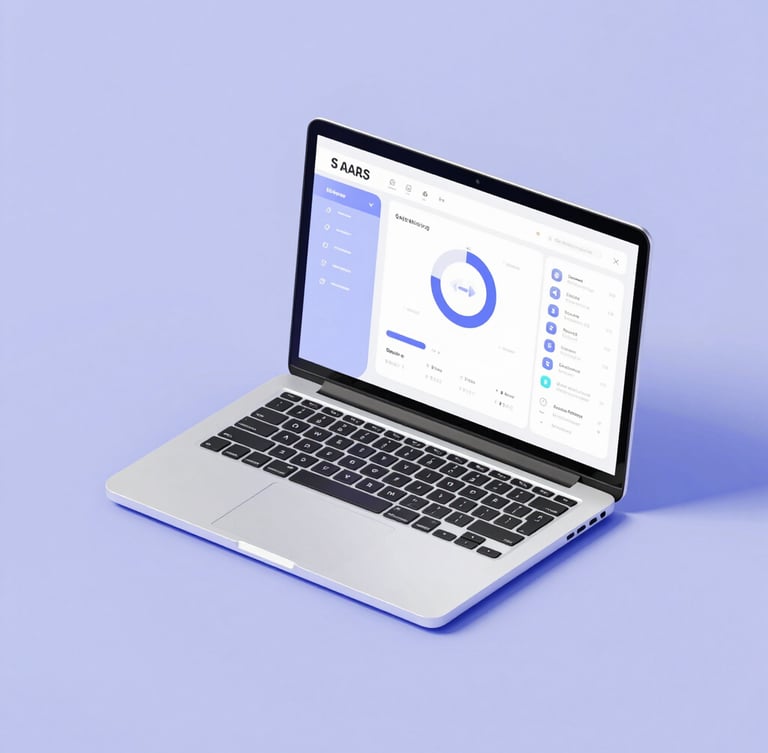 A clean minimalist flat-lay of a modern digital desk with an open laptop showing a clean SaaS dashboard, soft lavender ambient light, crisp vector UI elements, modern tech aesthetic