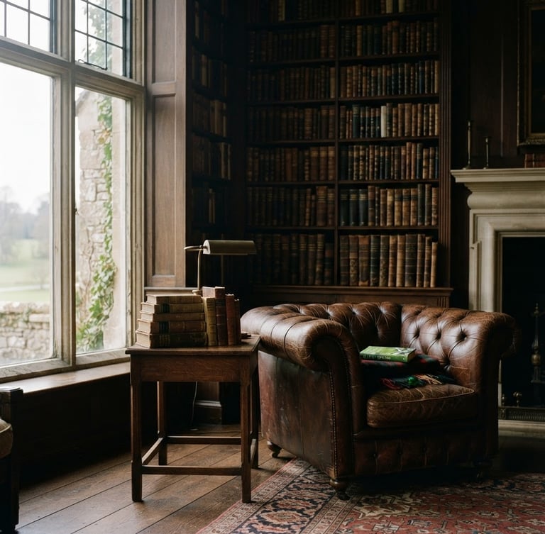 Striking portrait of a historic estate interior under soft window light, rich dark tones, antique books on shelves, a leather armchair in the foreground.