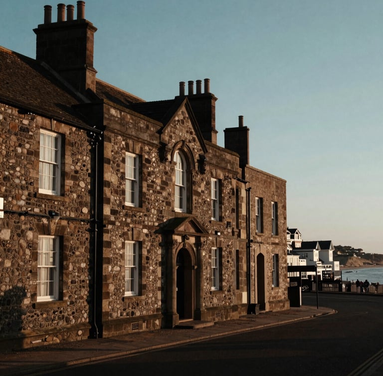 Wide shot of the historic architecture and coastline of St. Leonards-on-Sea, subtle morning light, rich shadows, evoking a sense of heritage and quiet dignity.