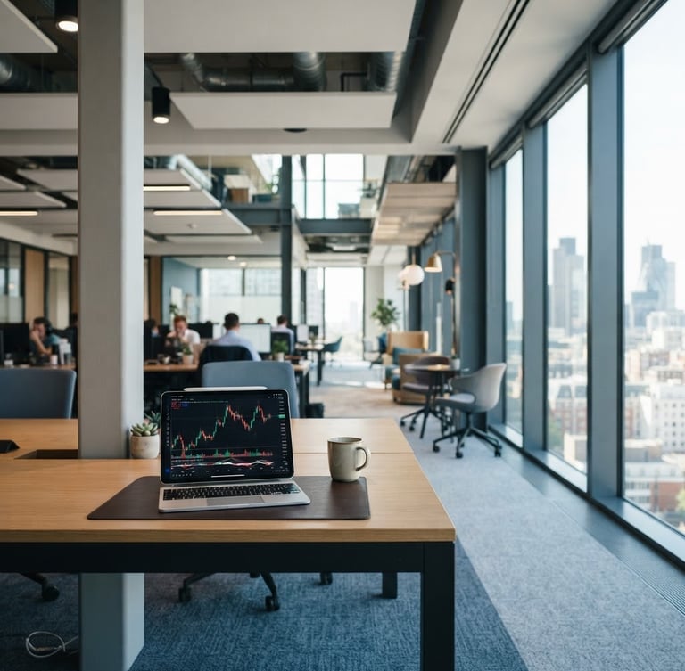 Modern corporate office environment, clean lines, bright natural daylight, structured architectural details, empty desk with a tablet showing a financial chart, clean blue and gray tones, sharp focus, 35mm lens, wide environmental shot, subject off-center to the left.
