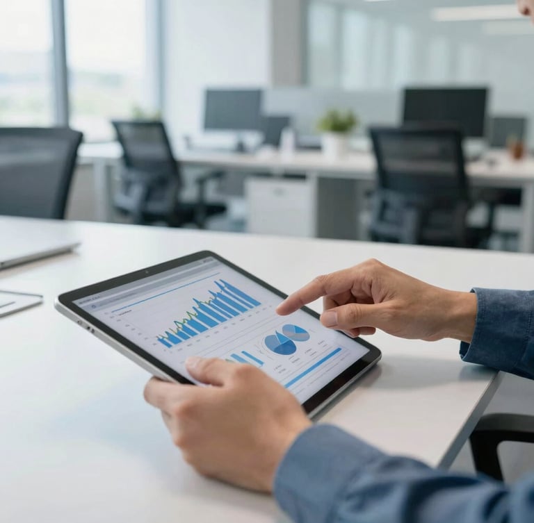 Corporate editorial photography, bright natural office daylight, clean blue and gray tones, sharp focus, 35mm lens. Close-up of hands working on a tablet displaying financial charts, with a subtle background of a modern, organized office environment. Portrait aspect, conveying hands-on management.