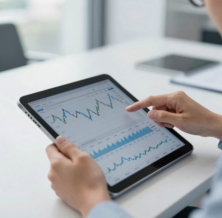 Close-up of hands analyzing financial charts on a tablet in a modern office, bright natural daylight, clean blue and gray tones, sharp focus, 35mm lens, portrait aspect, subject off-center to the right.