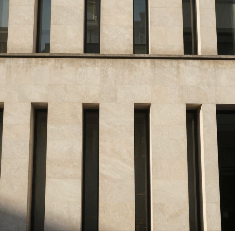 A close-up architectural detail of a modern limestone facade in London, sharp shadows, warm late-afternoon sun