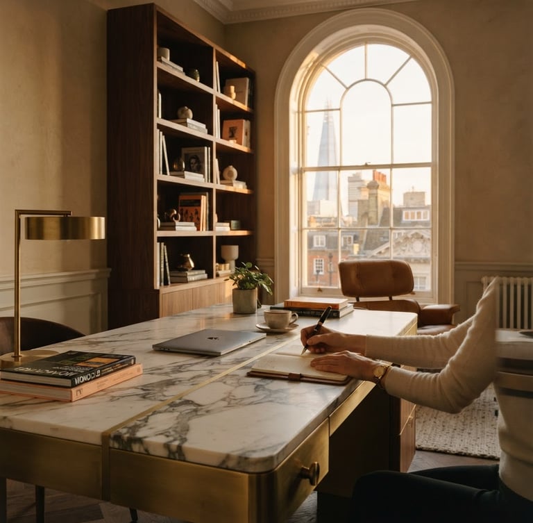 A quiet modern private office in London, warm late-afternoon sun streaming through high arched windows, marble desk with brass details, soft focus, warm editorial photography.