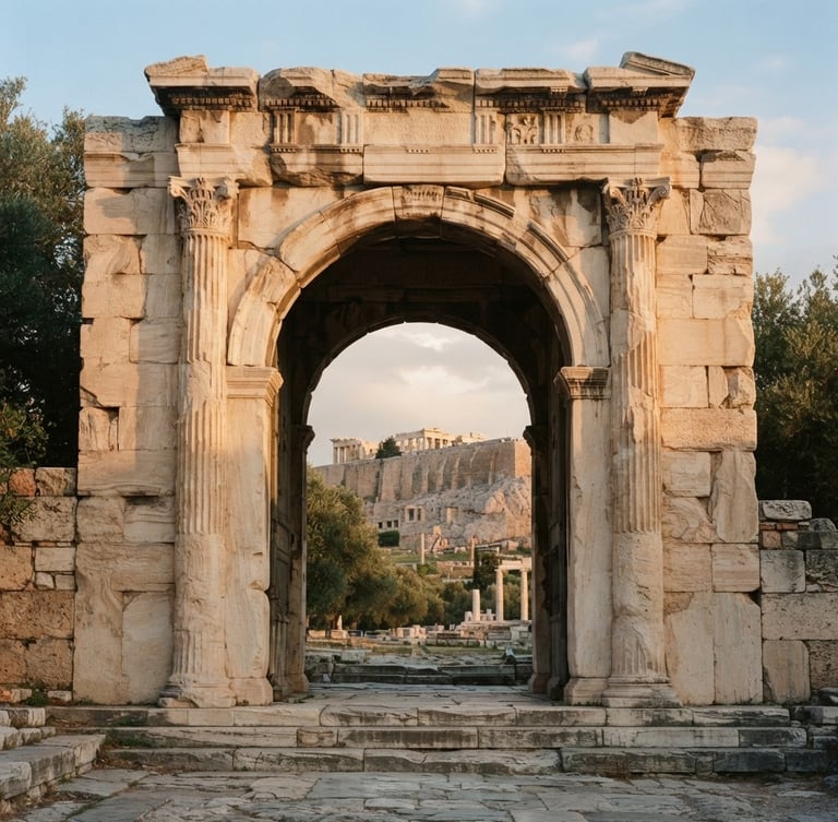 Warm architectural detail of a classical stone archway in Athens, soft late-afternoon sun casting elegant shadows, medium format film style