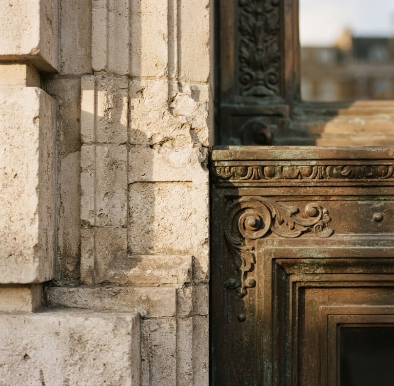 Warm editorial photography of a tight macro shot of a limestone and bronze facade in London, soft late-afternoon sun casting long shadows, architectural focus, medium format film.