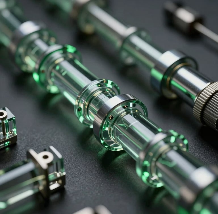 Macro close-up of high-fidelity 3D glass and chrome structures representing structured data pipelines, low-key moody studio lighting with sharp green highlights, deep shadows