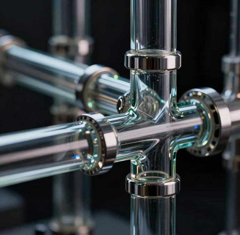 Macro close-up of abstract glass and chrome data pipelines, sharp directional highlights, low-key moody studio lighting, dark background, 21:9 framing.