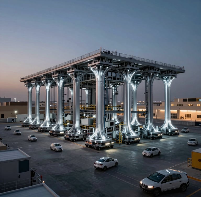 Cinematic wide-angle of a massive, automated distribution hub in Riyadh at twilight, glowing silver telemetry lines along automated guided vehicles, low-key dramatic lighting.
