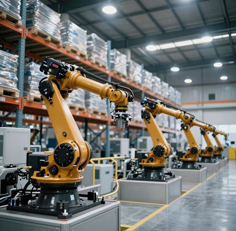 Cinematic wide-angle architectural shot of a massive automated automotive warehouse in Shenzhen, cold silver lighting with subtle gold telemetry lines overlaid, sharp focus on robotic arms.