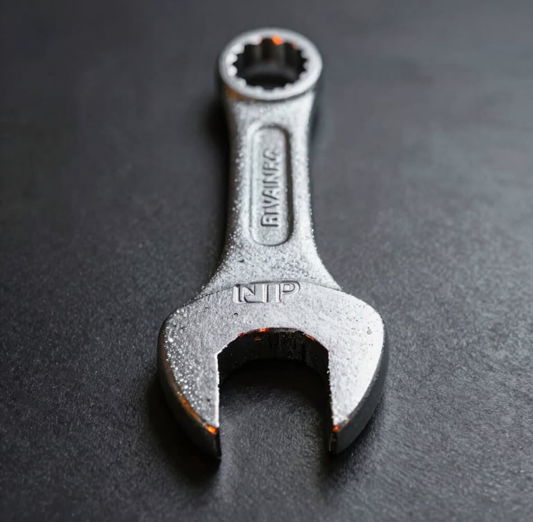 Straight-on structural profile of a heavy-duty forged steel wrench on a dark metallic background, sharp directional studio lighting with safety-orange highlights