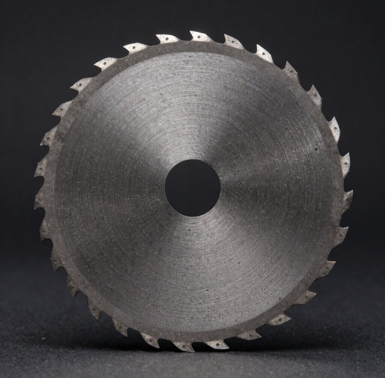 Straight-on macro profile of a pristine circular saw blade with carbide-tipped teeth, high-contrast studio lighting highlighting the sharp metallic edges, dark charcoal background.