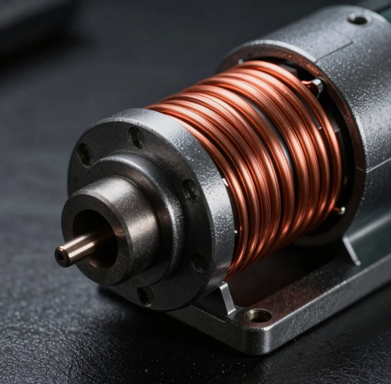 Macro shot of a high-torque electric motor winding with pristine copper coils, intense directional highlights, dark industrial setting.