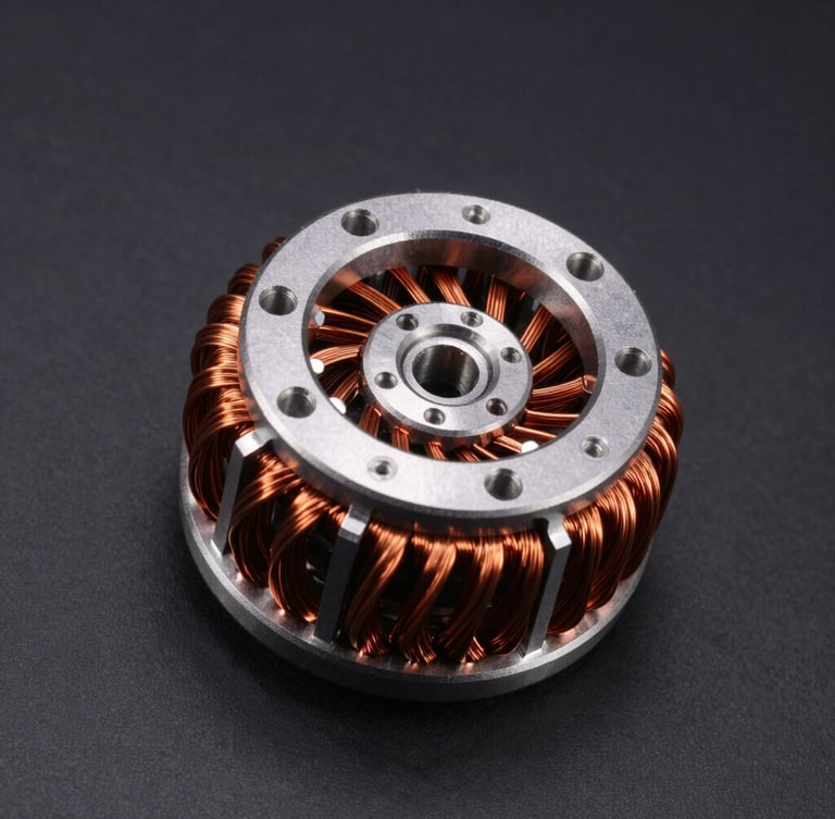 Macro studio photograph of a high-efficiency brushless motor core, copper windings gleaming under sharp directional orange and white studio lighting, deep charcoal background, 50mm lens