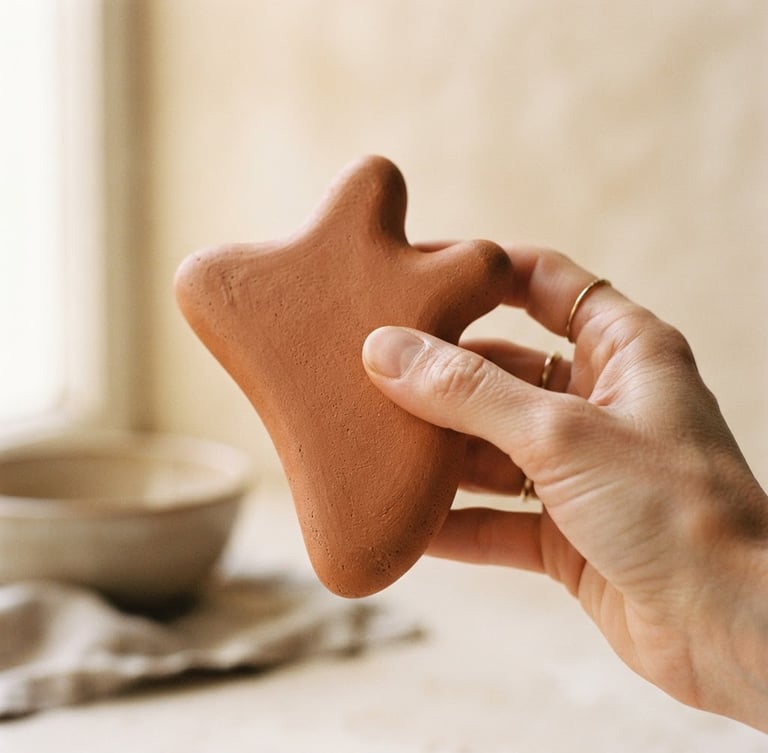 Macro detail shot of a matte terracotta sculptural wellness device, held gently by a hand, soft diffused natural window light, warm alabaster background.