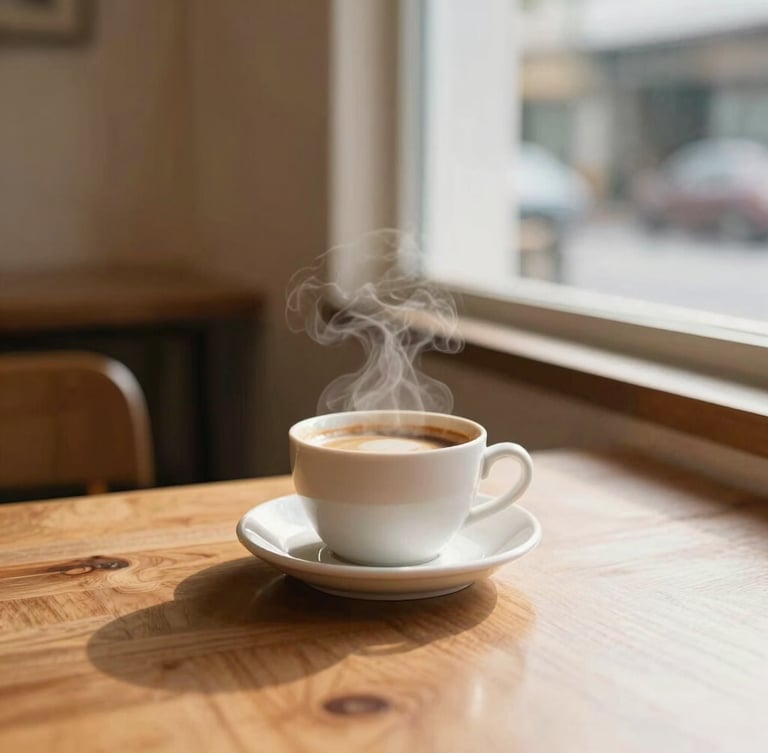 Warm editorial photography of a quiet corner in a Penang café, soft morning window light illuminating a wooden table with a steaming coffee cup, rich cream and coffee tones, shallow depth of field, 35mm lens.
