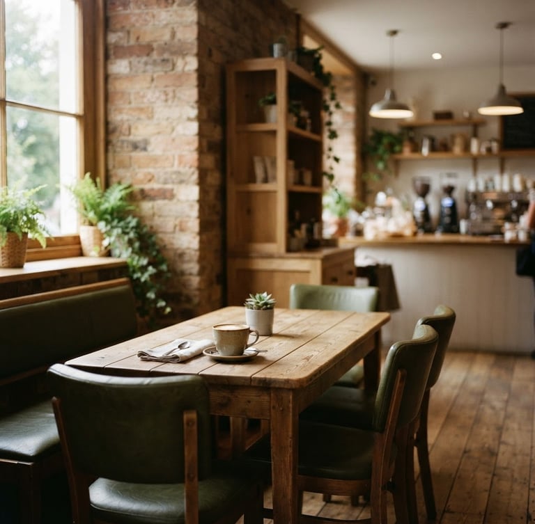 Warm, inviting interior of CAFETERIA CORNER, soft morning light, empty comfortable seating area with wooden tables and green accents, shallow depth of field, 35mm lens