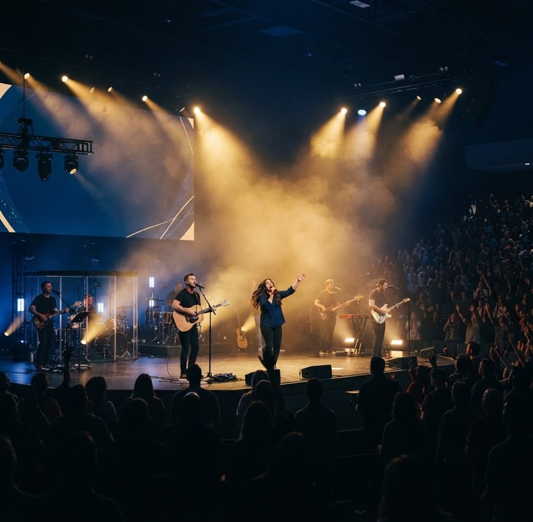 Cinematic wide shot of a modern worship sanctuary illuminated by golden volumetric light beams, dynamic praise leaders on stage, deep navy atmosphere.