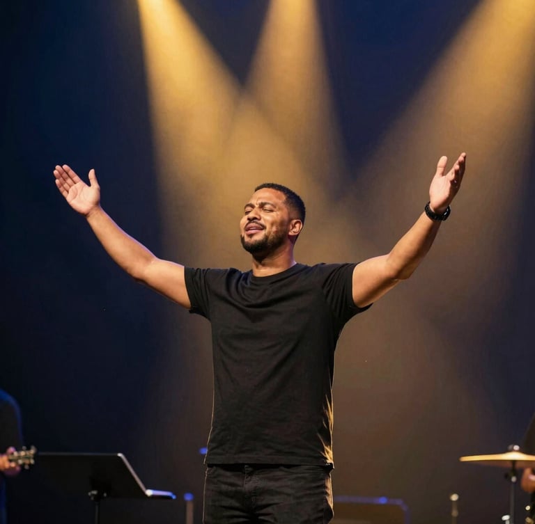 Dynamic worship leader in a moment of expressive praise on a modern stage, bathed in dramatic warm golden spotlight, deep navy background with soft volumetric light beams.
