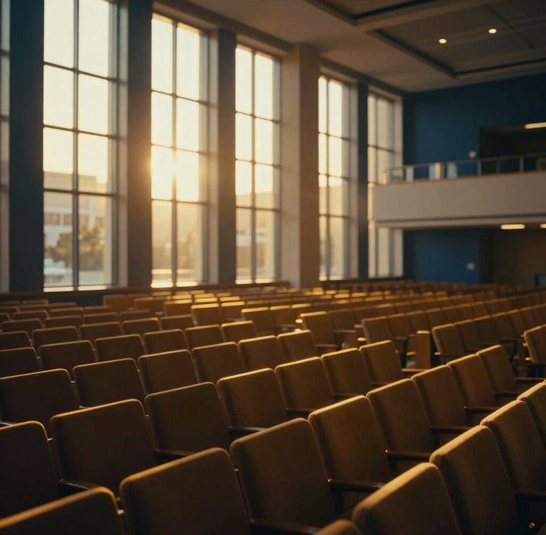 Wide cinematic environmental shot of a grand modern sanctuary, golden volumetric light streaming through tall windows, empty rows of seats glowing warmly, deep navy shadows.