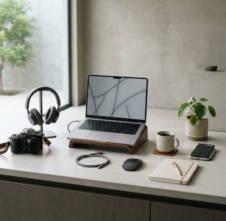 A clean, modern studio setting with premium consumer electronics and minimalist home goods on a sleek neutral surface, soft window light, sharp focus, architectural lines, 50mm lens.