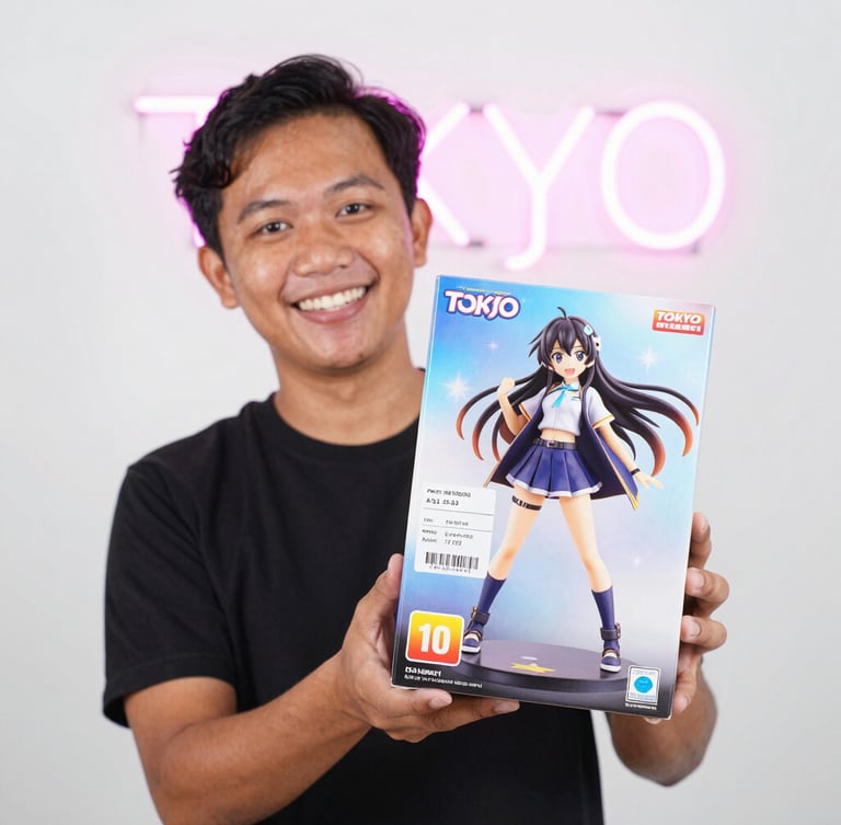 Bright high-key product photography of a happy Indonesian fan holding an unopened official anime figure box with a shipping label from Tokyo, subtle neon pink backlighting.