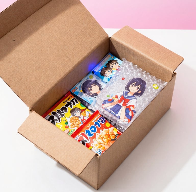 Top-down clean studio shot of a half-opened shipping box revealing colorful Japanese snack packaging and bubble-wrapped anime merch, subtle neon blue backlighting, sharp focus.