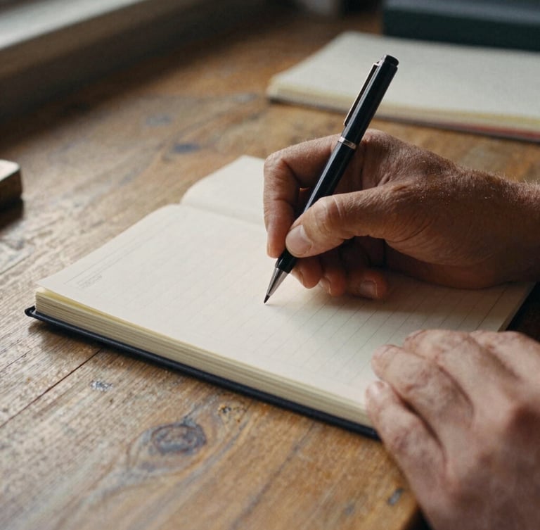 Close-up of hands writing in a notebook on a rustic wooden desk, soft natural morning light, warm earthy tones, cinematic 35mm documentary photography.