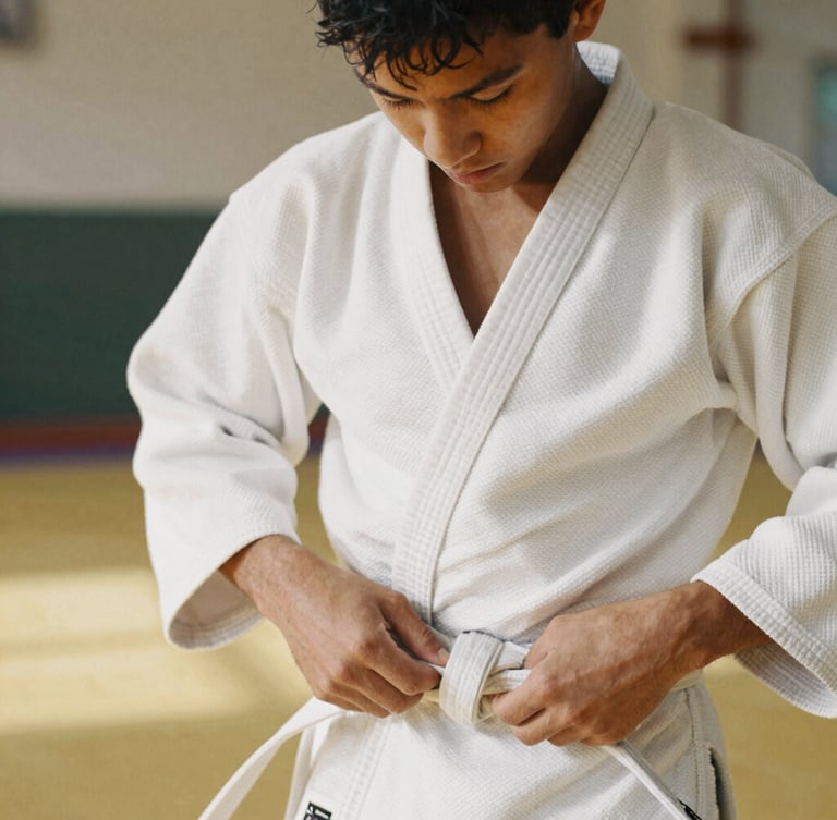 Dynamic candid close-up of a young athlete tying their white belt in a sunny dojo, focused expression, authentic documentary photography, natural daylight, warm earthy tones, 35mm film aesthetic.