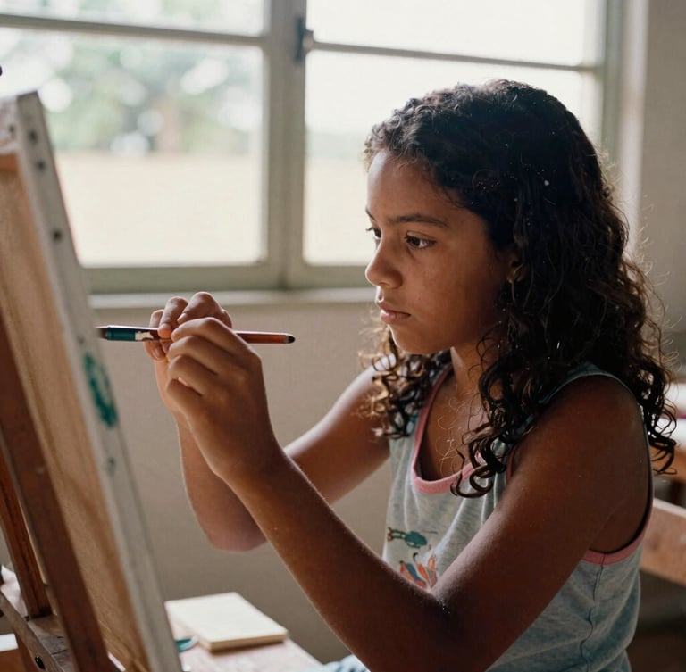 Candid documentary shot of a young Brazilian girl painting on a canvas, focused expression, natural window light, warm earth tones, 35mm film aesthetic