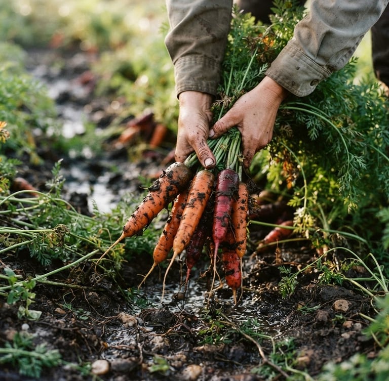 Close-up of hands harvesting organic heirloom carrots in a muddy field, soft natural morning light, rich textures, 35mm film style.