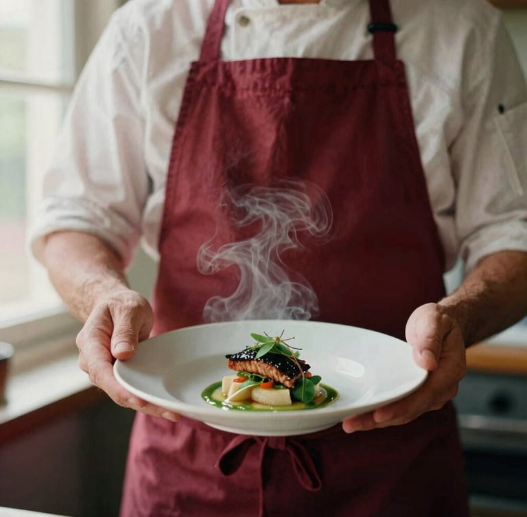 Close-up portrait of a chef in a linen apron plating a dish, soft natural window light, deep crimson accents, warm steam rising, 35mm film style