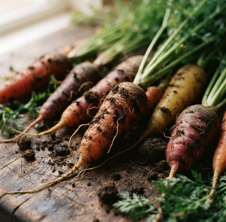Close-up macro shot of raw heirloom carrots with soil on a rustic wooden table, soft natural window light, warm editorial 35mm film style