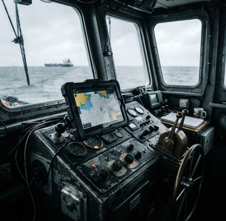 Overcast maritime daylight, a ruggedized Android tablet mounted in a steel tugboat cockpit, high-contrast cool tones, sharp focus, 35mm lens